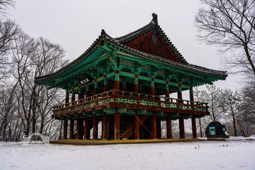 Central Pavilion of Gongsanseong Fortress in Gongju Korea during winter snowstorm nathan jordan photography